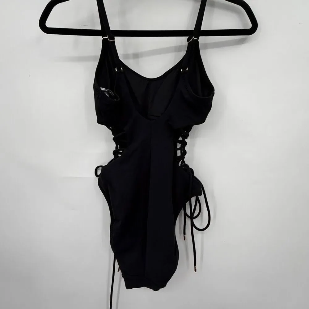 Robin Piccone Black Aubrey Scoop Neck Lace-up One-Piece Swimsuit Size 2